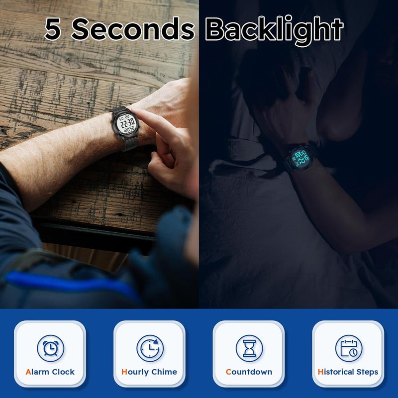 TIMEURE Men's Pedometer Watch with Stainless Steel Bracelet,Step Counter Watch No App, No Charging Needed for Ourdoor Walking, Calorie, Distance, Alarm, Countdown Timer Watch TU-2306B - Image 4